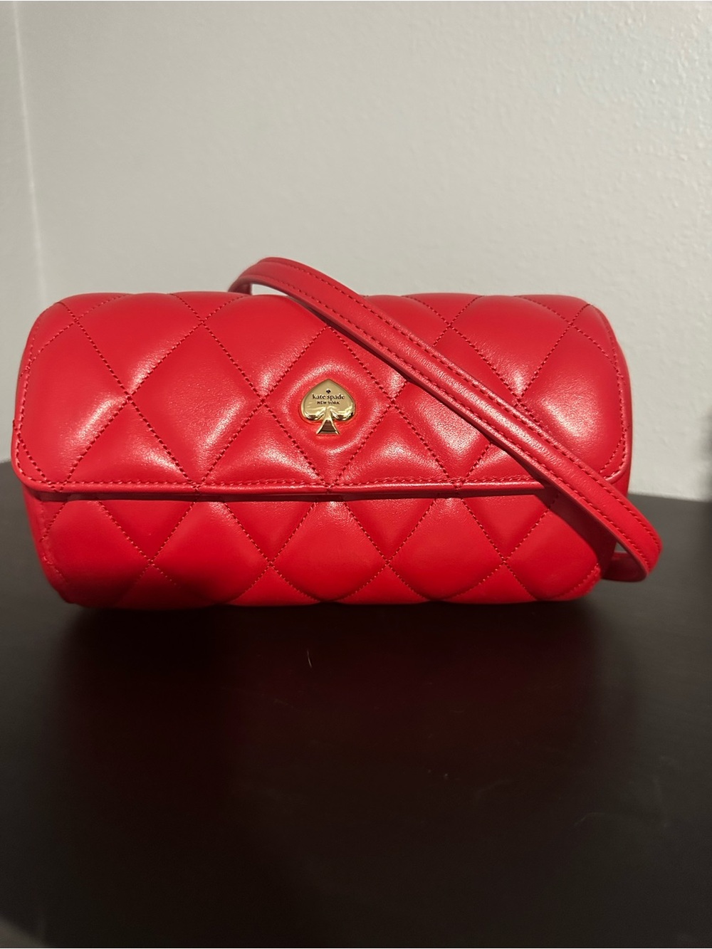kate spade Quilted Red Leather Barrel Crossbody with Gold Logo